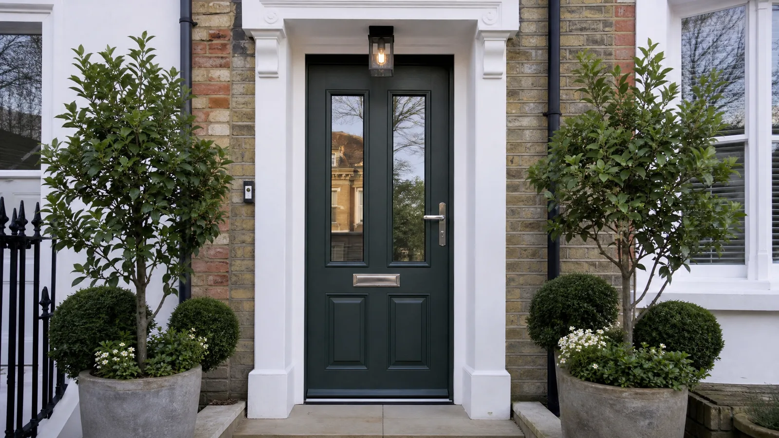 Composite front door fitted to a UK townhouse entrance
