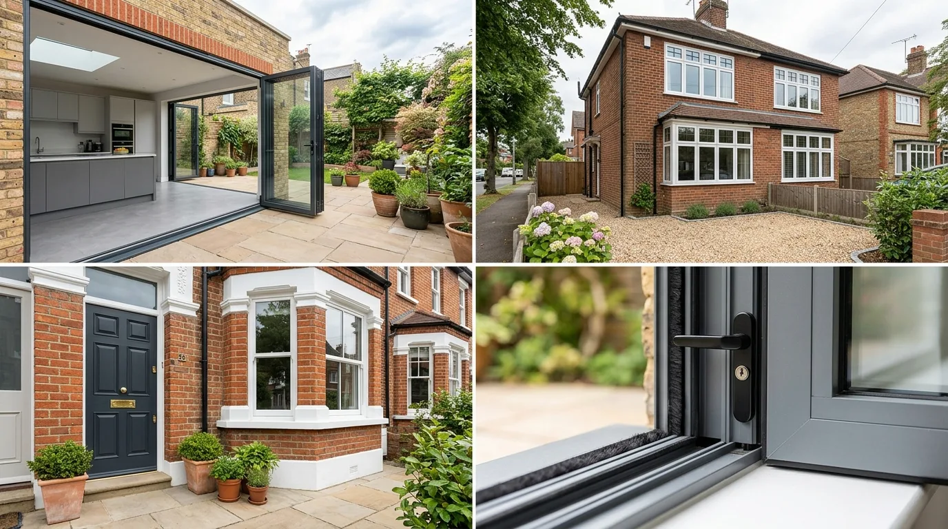 Close-up details of aluminium glazing handles, seals and threshold finishes
